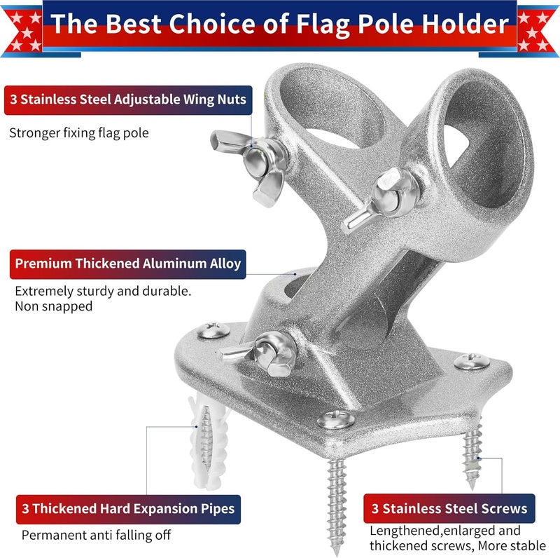 HPGOED Flag Pole Holder, Outside House Flag Pole Bracket, Heavy Duty Metal Flag Mount, Aluminum Alloy Mounting Brackets, Outdoor Flag Holder- Strong Rust Free, Dual Position 1 inch Silver - Image 2